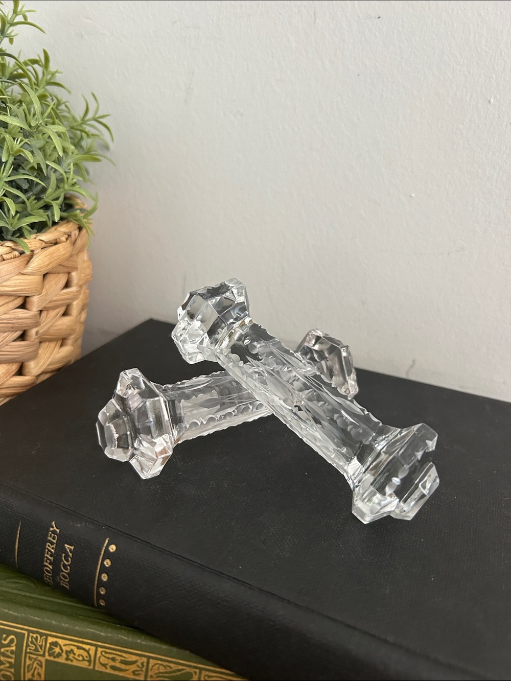 2-Edwardian Crystal knife rests barbell dining vintage